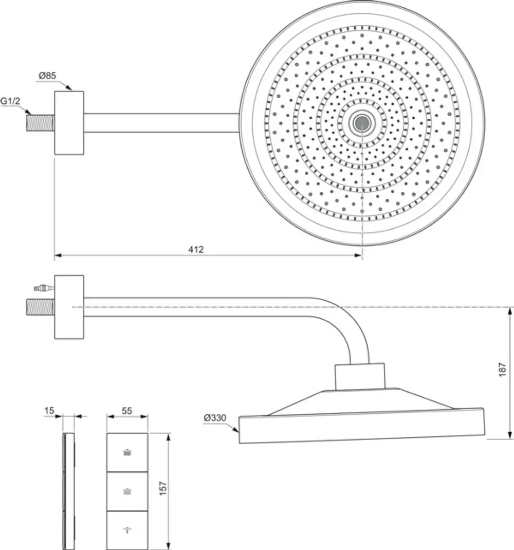 Duschkopf von Ideal Standard mit runder, flacher Form. Die Montage erfolgt an der Wand. Sichtbare Wasserstrahlöffnung im Inneren, einfache Installation.